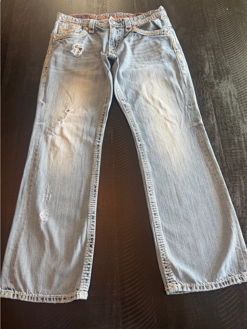 Rock Revival Shane Bootcut Men's Jeans Light Blue Distressed 100% Cotton Size 33